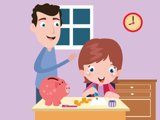 Savings vector concept: Little girl making a note about her savings in piggy bank while her father standing with her