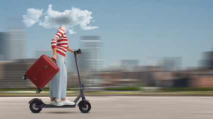 Woman with head in a cloud riding a scooter © stokkete