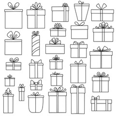 Collection of hand drawn gift boxes. Illustration on a transparent background