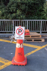 No parking space, orange cone blocking inaccessible parking space at Sylvia park Westfield Mall,...