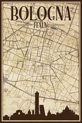 Brown vintage hand-drawn printout streets network map of the downtown BOLOGNA, ITALY with brown highlighted city skyline and lettering