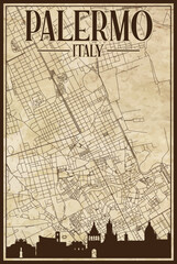 Brown vintage hand-drawn printout streets network map of the downtown PALERMO, ITALY with brown highlighted city skyline and lettering