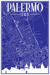 Blue vintage hand-drawn printout streets network map of the downtown PALERMO, ITALY with brown highlighted city skyline and lettering