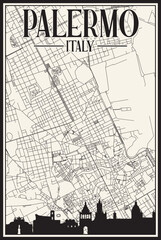 White vintage hand-drawn printout streets network map of the downtown PALERMO, ITALY with brown highlighted city skyline and lettering