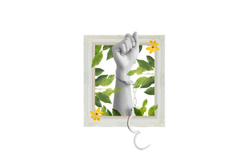 Digital collage modern art. Hand raised with handcuff and leaves, flowers in frame, on white background