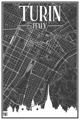 Black vintage hand-drawn printout streets network map of the downtown TURIN, ITALY with brown highlighted city skyline and lettering