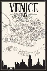 White vintage hand-drawn printout streets network map of the downtown VENICE, ITALY with brown highlighted city skyline and lettering