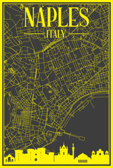 Black and yellow vintage hand-drawn printout streets network map of the downtown NAPLES, ITALY with brown highlighted city skyline and lettering
