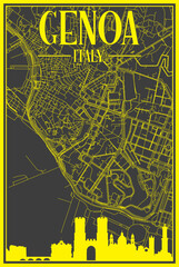 Black and yellow vintage hand-drawn printout streets network map of the downtown GENOA, ITALY with brown highlighted city skyline and lettering