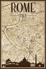 Brown vintage hand-drawn printout streets network map of the downtown ROME, ITALY with brown highlighted city skyline and lettering