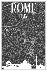 Black vintage hand-drawn printout streets network map of the downtown ROME, ITALY with brown highlighted city skyline and lettering