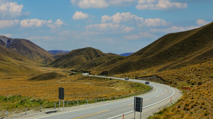 Road trip view of  travel in Lindis pass with blue sky background