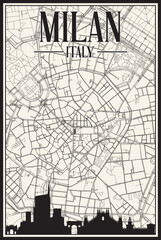 White vintage hand-drawn printout streets network map of the downtown MILAN, ITALY with brown highlighted city skyline and lettering