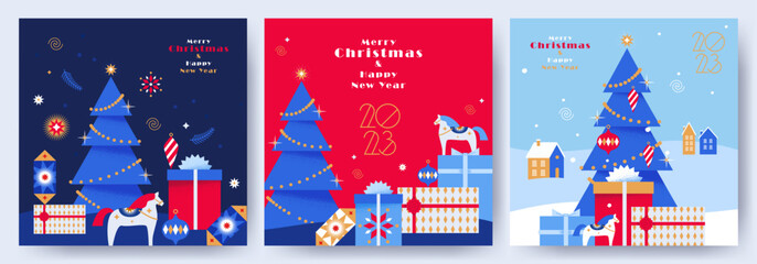 Merry Christmas and Happy New Year greeting card, banner, poster, holiday cover Set. Modern trendyXmas design in blue, red, gold, white colors. Christmas tree, balls, fir branch, toys, gifts elements. - obrazy, fototapety, plakaty