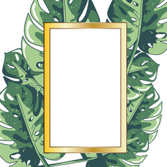 Hand drawn frame color tropical banner with jungle leaves. Exotic leaves illustrations frame  jungle tree.