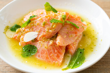 fresh salmon raw spicy seafood salad