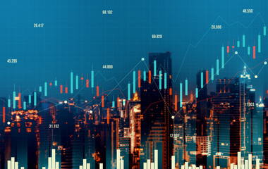 Financial graphs and digital indicators overlap with modernistic urban area, skyscrabber for stock market business concept. Double exposure.