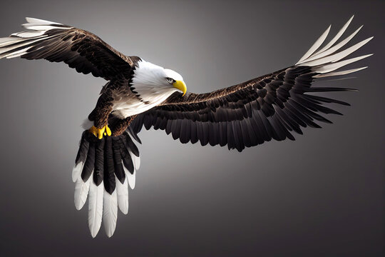 Bald eagle with wings spread flying in studio setting