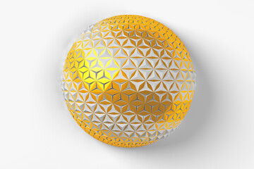 Abstract creative modern gold and white 3D three-dimensional sphere background with collapsing into many different triangles around the layer. 3d illustration.