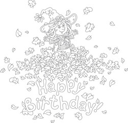 Happy birthday card with a funny little witch playing with flying and swirling autumn leaves, black and white outline vector cartoon illustration for a coloring book page