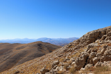 Nemrut Mountain and giant statue heads from1st century BC, in Adiyaman, Turkey. High quality photo