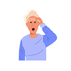 Portrait of surprised old woman. Shocked elderly lady with open mouth. Gossip, rumors and secrets concept. Grandmother expressing wonder. Color flat vector illustration isolated on white background