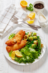 Crispy Beer Batter Cod Fish with green  vegetables