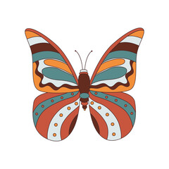 Abstract retro butterfly 70s 60s groovy hippie vector illustration isolated on white background. Cute boho print for t shirt, sticker, decoration