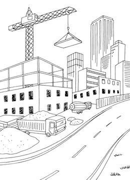 Building construction graphic black white city landscape vertical sketch illustration vector 