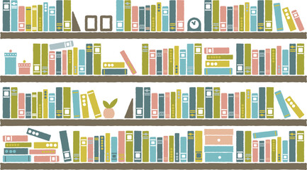 大きな本棚にたくさん並んだ本・かわいい配色