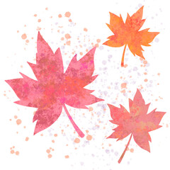 Ilustración de hojas secas de platanero de colores rosas, naranjas y amarillos para stickers con fondo transparente con salpicaduras de pintura estilo acuarela 