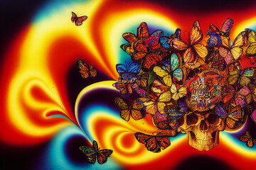 Midjourney render of abstract art wallpaper with psychedelic skulls and butterflies