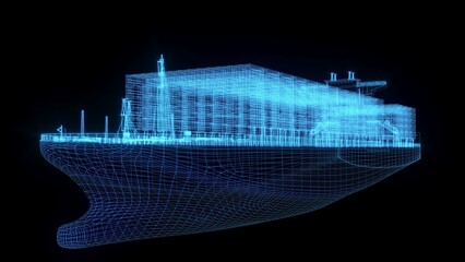 3D rendering illustration cargo ship blueprint glowing neon hologram futuristic show technology security for premium product business finance transportation 