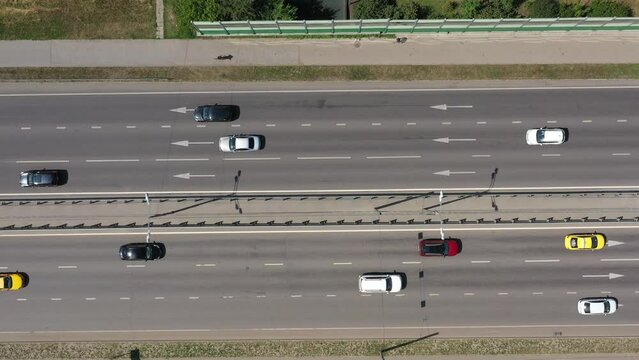 Above view of road traffic on a multilane road in the city
