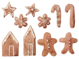 A set of watercolor illustrations of Christmas gingerbread, for design, postcards, pattern, on a white background