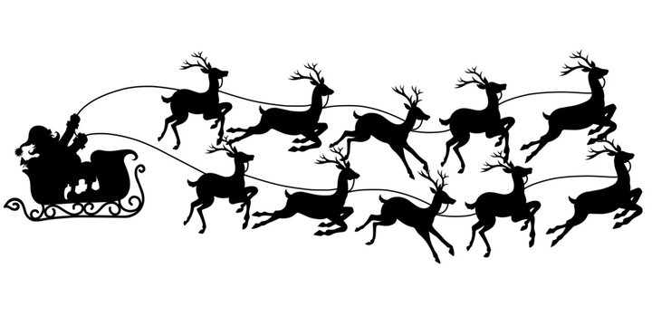 Santa claus reindeer carriage silhouette vector design giving gifts on Christmas December. the carriage pulled by several deer looks elegant. Suitable for banner design, wallpaper.