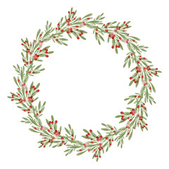 Watercolor Round wreath from dry twigs and Christmas tree branches with black and red berries isolated on white background. Flt lay.