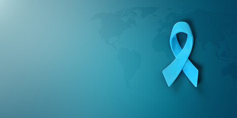 Light blue awareness ribbon on dark blue with world map background for symbolic of prostate cancer, thyroid disease, Stevens Johnson syndrome and addiction recovery, 3D rendering - 542138329