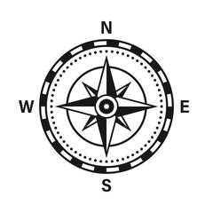Vintage marine wind rose, nautical chart. Monochrome navigational compass with cardinal directions of North, East, South, West. Geographical position, cartography and navigation. Vector illustration.
