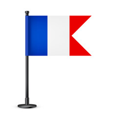 Realistic French table flag on a black steel pole. Souvenir from France. Desk flag made of paper or fabric and shiny metal stand. Mockup for promotion and advertising. Vector illustration