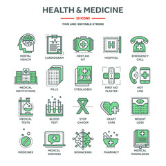 Health care and medicine, first aid. Hospital services, blood tests and diagnostic. Heart cardiogram, heartbeat. Pharmacy, pills and drugs. Thin line web icons collection. Vector illustration