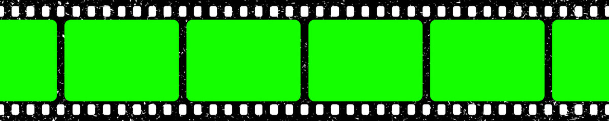 Realistic grunge film strip, camera roll. Old retro cinema movie strip with blank green chroma key background. Analog video recording and photography. Visual effects compositing. Vector illustration