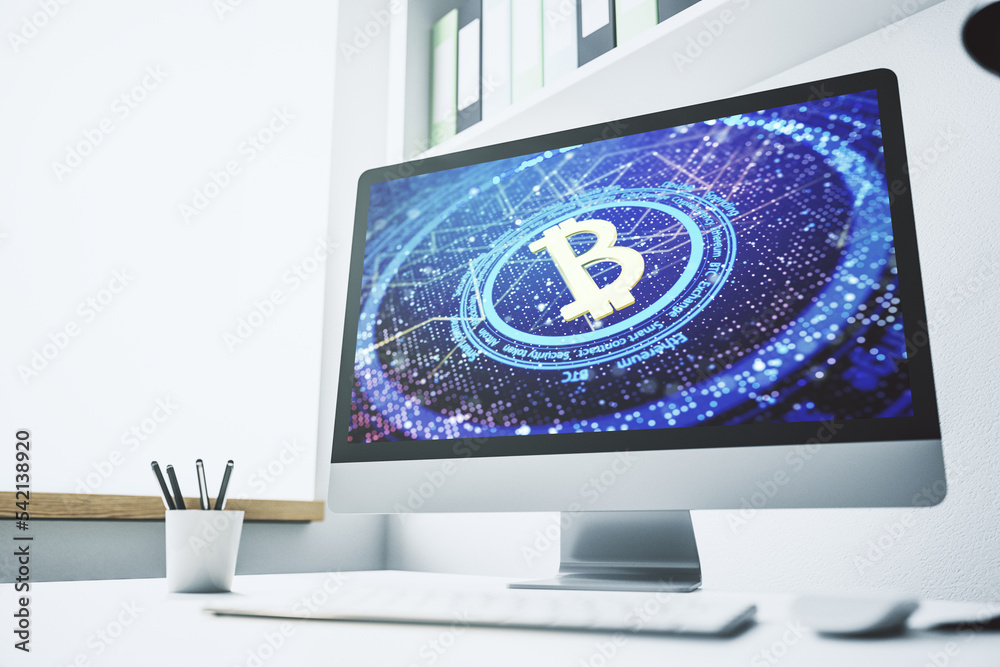 Poster creative bitcoin concept on modern computer monitor. 3d rendering