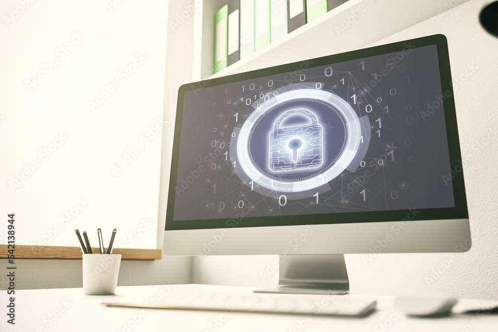Poster Computer monitor with creative light lock illustration and microcircuit, cyber security concept. 3D Rendering