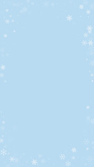 Snowfall overlay christmas background. Subtle flying snow flakes and stars on light blue winter backdrop. Festive snowfall overlay. Vertical vector illustration.