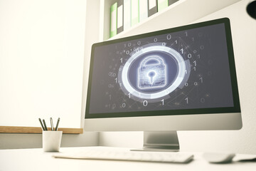 Computer monitor with creative light lock illustration and microcircuit, cyber security concept. 3D...