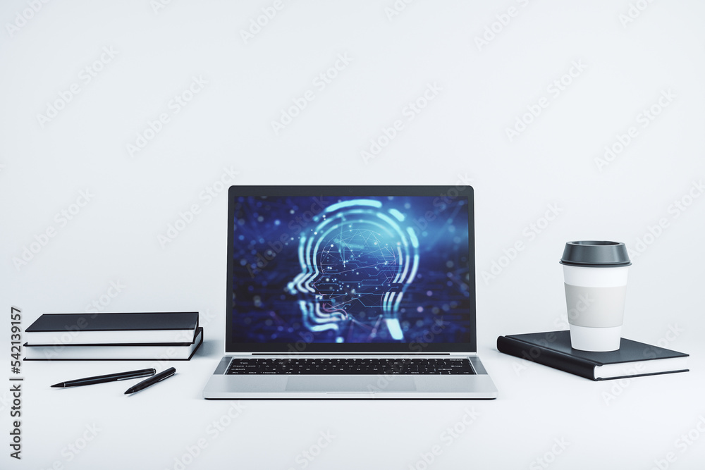Poster creative artificial intelligence concept with human head hologram on modern laptop screen. 3d render