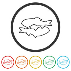  Fish line icon. Set icons in color circle buttons