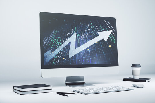 Abstract creative financial diagram with upward arrow on modern computer monitor, growth and development concept. 3D Rendering