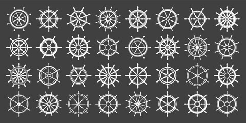 Collection of white vintage steering wheels. Ship, yacht retro wheel symbol. Nautical rudder icon. Marine design element. Vector illustration